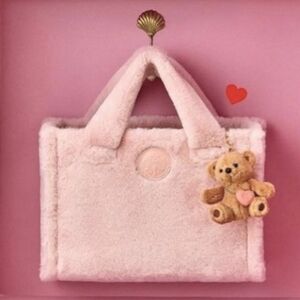 Starbucks Asia small fluffy pink tote bag & bearista plush keychain BNWT